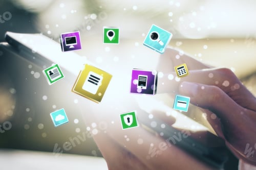 Preview: Hands Using Digital Tablet With Glowing Social Media Icons. Global Business And Media Concept.