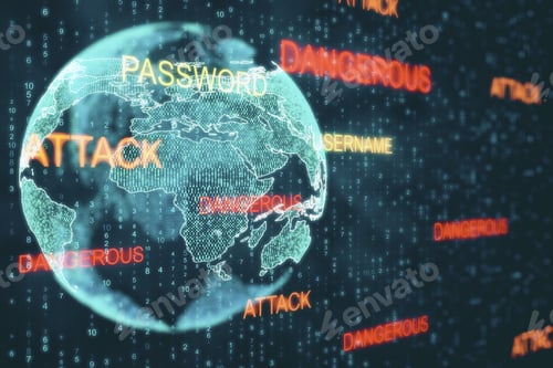 Preview: Abstract Hacked Globe On Blurry Binary Code Background. Hacking And Malware Concept. Double Exposure