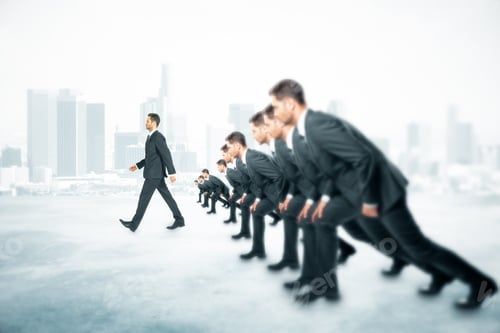 Preview: Competition Concept With Many Businessmen About To Run And One Walking Ahead Of Them On Foggy City
