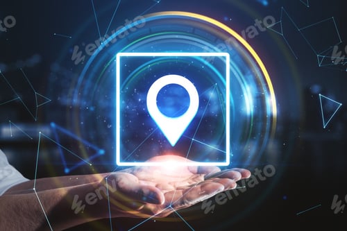 Preview: Hand Holding Glowing Digital Geolocation Gps Interface. Geolocation And Distributed Data Concept