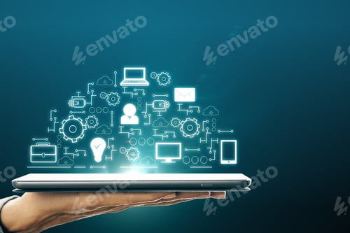 Preview: Hand Holding Tablet With Glowing Digital Network Sketch On Blue Background. Innovation And Cloud