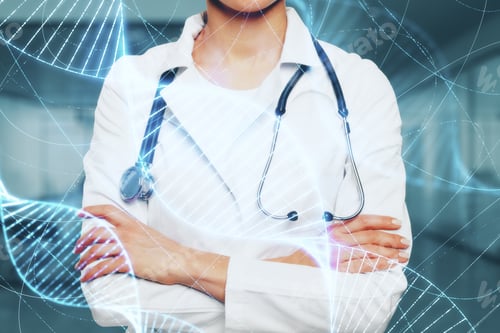 Preview: Medicine And Stem Concept. Doctor With Stethoscope And Glowing Medical Dna Interface On Blurry