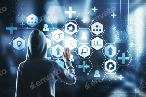Preview: Hacker Using Creative Medical Interface On Blurry Background. Medicine And Data Theft Concept