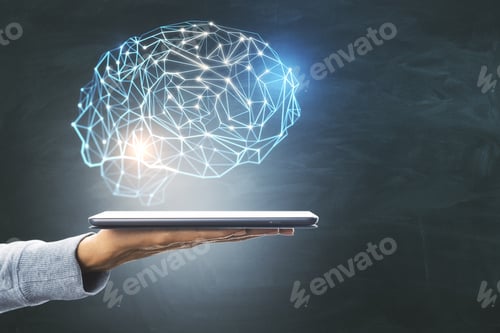 Preview: Digital Tablet With Creative Glowing Polygonal Brain Blackboard Blue Background. Ai And Future