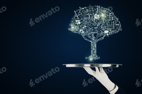 Preview: Hand Holding Abstract Circuit Tree On Dark Background. Artificial Intelligence And Service Concept.