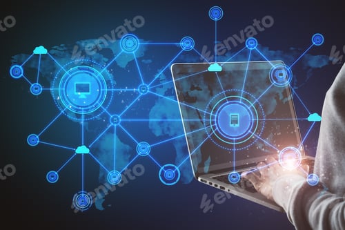 Preview: Hand Using Laptop With Abstract Computer Map And Digital Icons Hologram On Blue Background. Cloud