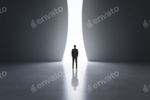 Preview: Back View Of Young Business Man In Concrete Interior With Bright Opening Window And Mock Up Place