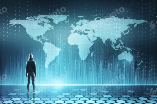 Preview: Abstract Image Of Hacker With Map. Global Hacking And Computing Concept.