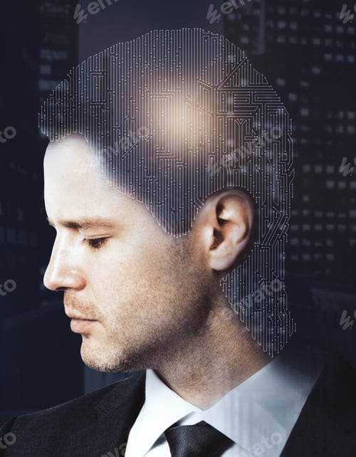 Preview: Digital Labyrinth Headed Businessman On Night City Background. Confusion Concept. Double Exposure