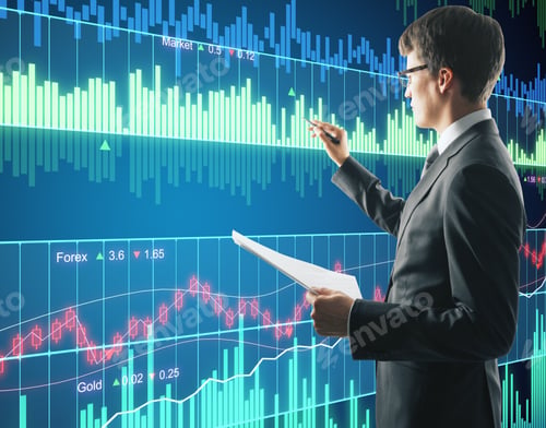 Preview: Businessman With Glasses And Documents Working With Digital Financial Chart Screen