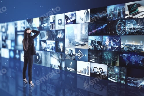 Preview: Broadcasting Concept With Pensive Businesswoman Looking At Media Wall With Variation Of Video