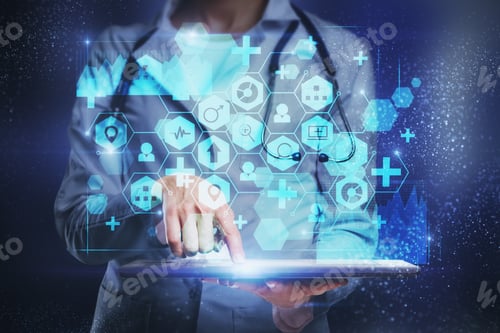Preview: Female Doctor Hand Using Tablet With Medical Interface On Blurry. Medicine And Innovation Concept
