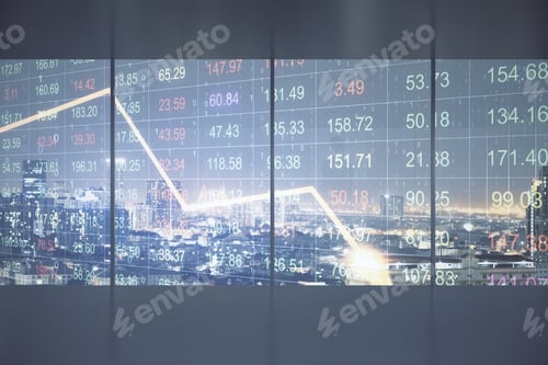Preview: Abstract City Background With Recession Stock Chart With Falling Arrow. Trade And Finance