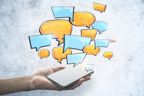 Preview: Cellphone With Color Speech Bubble On Concrete Wall Background. Social Media, Communication And