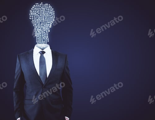 Preview: Abstract Digital Light Bulb Headed Businessman On Dark Background With Copy Space. Innovation
