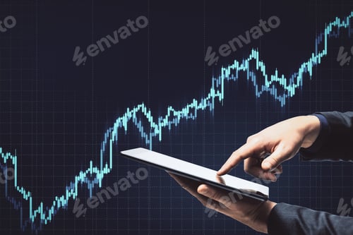 Preview: Businessman Hands Using Tablet With Business Statistics Hologram. Success And Startup Concept.