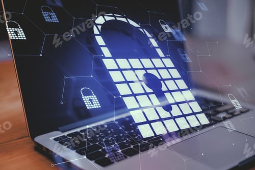 Preview: Close Up Of Laptop With Abstract Glowing Padlock Hologram On Blurry Background. Web Safety And