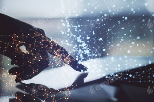Aperçu: Close Up Of Hand Using Tablet On Desktop With Abstract Polygonal Spheres On Blurry Office