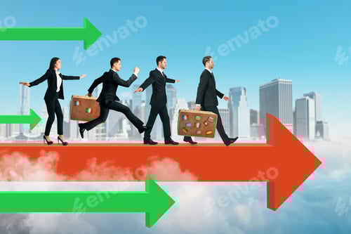 Preview: Side View Of Young Businesspeople Running On Red Arrow. Sky And City Background. Teamwork And
