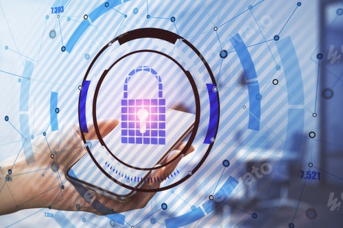 Preview: Black And Blue Keylock Hologram On A Background With A Hand Holding A Smartphone, Data Safety And