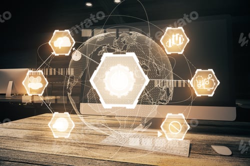 Preview: Close Up Of Wooden Office Desktop With Computer Monitor And Digital Business Hologram. Interface