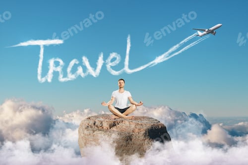 Preview: Young Man Meditating On Rock With Flying By Airplane On Beautiful Sky Background. Vacation And Calm