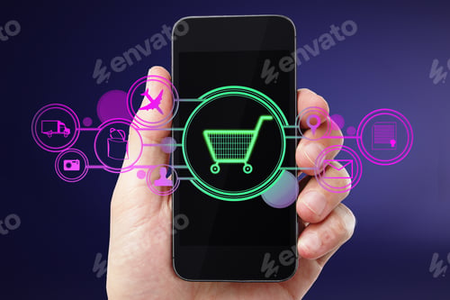 Preview: Close Up Of Male Hand Holding Smartphone With Abstract Glowing Cart Interface On Purple Background