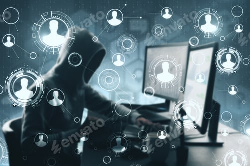 Preview: Side View Of Hacker At Desktop Using Computer With Creative Interface Hologram On Blurry