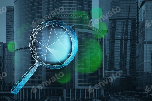 Preview: Abstract Polygonal Magnifying Glass On Blurry City Background. Technology, Information, Search And