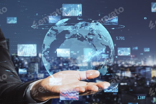 Preview: Close Up Of Businessman Hand Holding Abstract Globe With Forex Charts And Graphs On Blurry Night