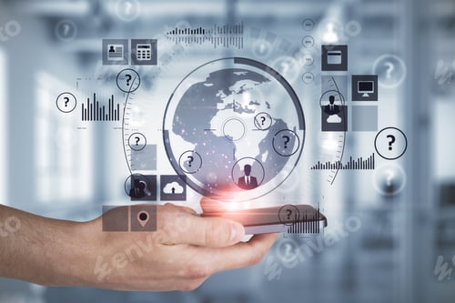 Preview: Hand Holding Phone With Abstract Global Network Interface. Server And Technology Concept