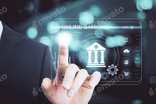 Preview: Businessman Pointing At Abstract Glowing Interface On Blurry Bokeh Background. Online Banking