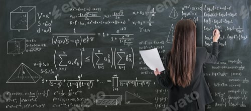 Preview: Education And Studying Concept With Back View On Girl Student Writing On Chalkboard Calculations