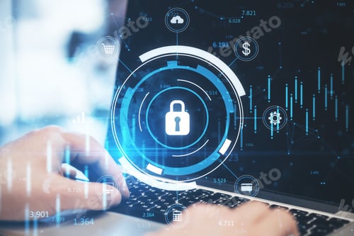 Preview: Close Up Of Businessman Hand Using Laptop Keyboard With Glowing Blue Padlock Hologram With Forex