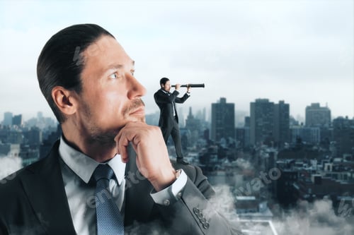 Preview: Side View Of Young Businessman Looking Into The Distance With Binoculars On City Background