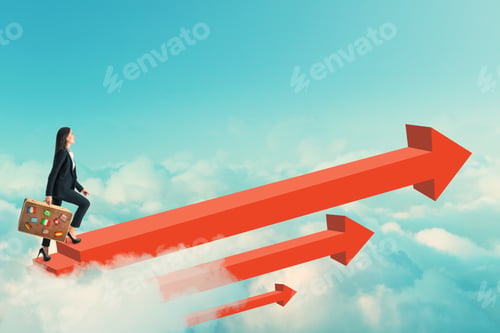 Preview: Side View Of Young Businesswoman With Travel Suitcase Walking On Red Arrows On Sky Background