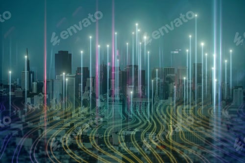 Preview: Creative Digital City Background. Smart City, Technology And Innovation Concept. Double Exposure