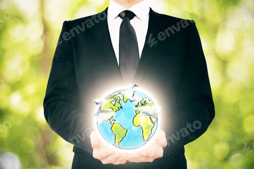 Preview: Businessman Holding Creative Globe Sketch On Green Background. Environment Protection Concept