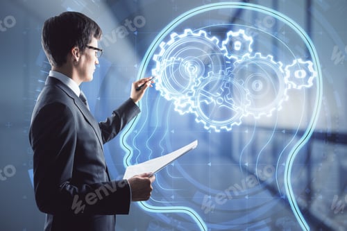 Preview: Artificial Intelligence And Machine Learning Concept With Businessman Writing On Virtual Board With