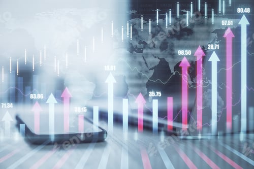 Preview: Smaprtphone And Laptop On Desktop With Glowing Stock Chart Hologram On Blurry Office Background