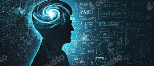 Preview: Abstract Dark Man Head Space Outline With Business Sketch. Brainstorm And Success Concept