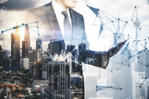 Preview: Businessman Using Tablet With Creative Polygonal Hologram With City View Background. Communication