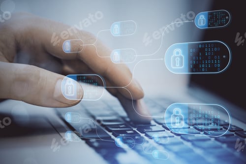 Preview: Close Up Of Male Hands Using Laptop Computer With Abstract Big Data And Security Nodes On Blurry