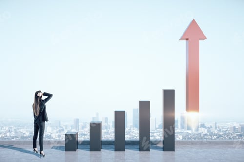 Preview: Businesswoman Looking On Stock Chart And Red Arrow In Form Rocket. Megapolis City View Background