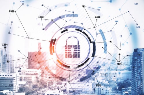 Preview: Cyber Security Concept With Digital Lock Icon With Lines Around On Abstract City Background. Double