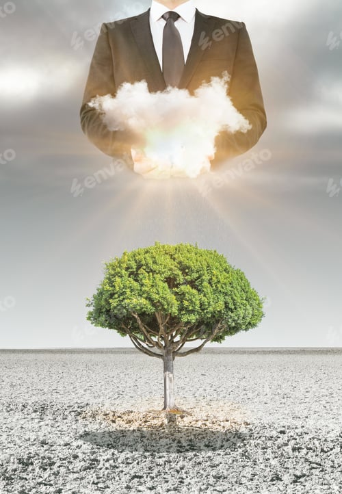 Preview: Abstract Image Of Green Tree In Desert With Man Holding Illuminated Cloud Above. Heaven Concept
