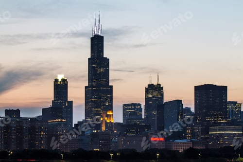 Preview: Modern Backlit Chicago City Skyline Wallpaper At Dawn. Urban Architecture Concept