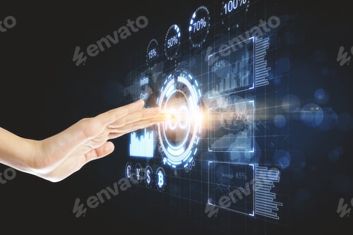 Preview: Hand Pointing At Digital Business Interface On Dark Background. Ico And Finance Concept