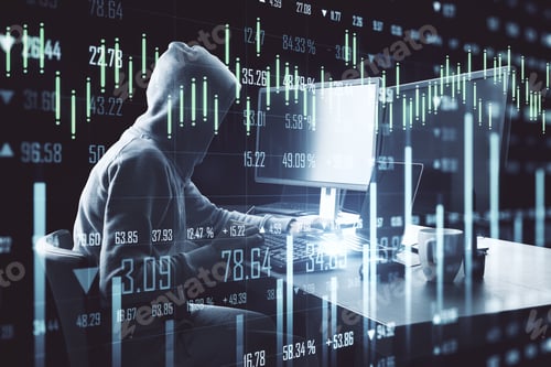 Preview: Hacker Using Computer With Chart. Hacking And Cyber Attack Concept.