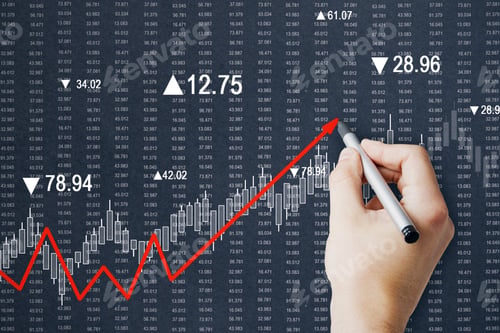 Preview: Hand Drawing Creative Upward Red Chart Arrow On Dark Background. Increase And Profit Concept